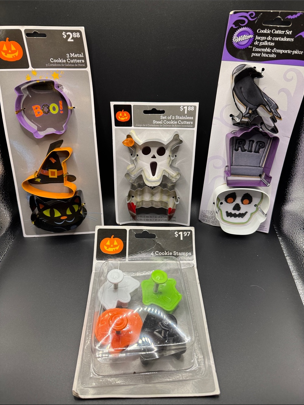 Lot of Halloween Cookie Cutters & Stamp Set unopened. Bat, cat, raven, fangs.